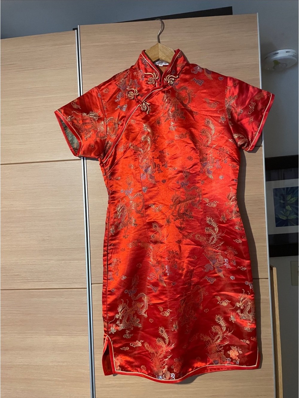 Red Satin Mandarin Collar Mini Dress with Gold Embroidery
